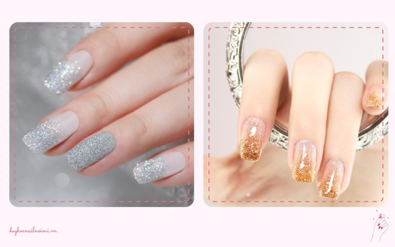 Sơn móng tay đẹp nhẹ nhàng phối nhũ độc đáo với ombre