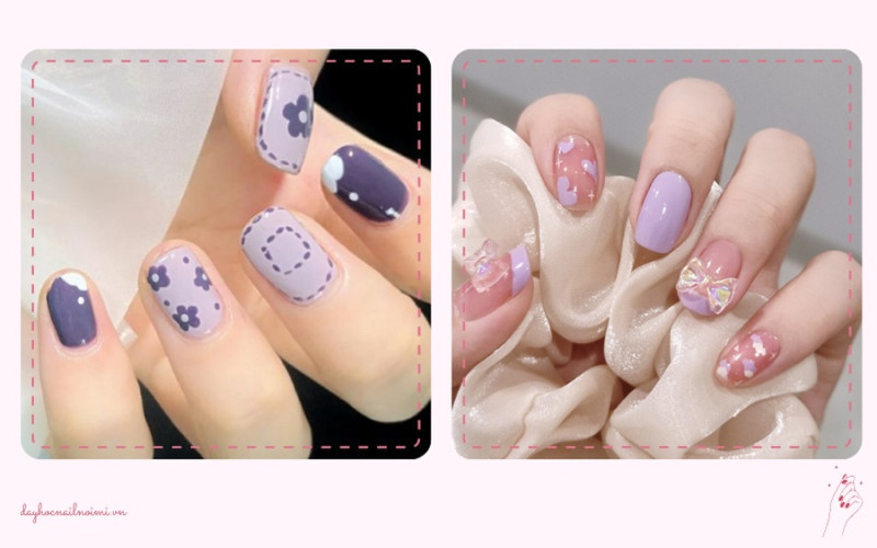 Sơn móng tay đẹp nhẹ nhàng tím kết hợp hồng nude tiểu thư