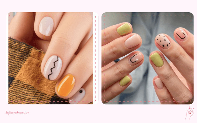 Sơn móng tay đẹp nhẹ nhàng trắng hồng họa tiết nét đen