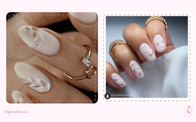 Sơn móng tay đẹp nhẹ nhàng trắng sữa họa tiết lá, kim tuyến