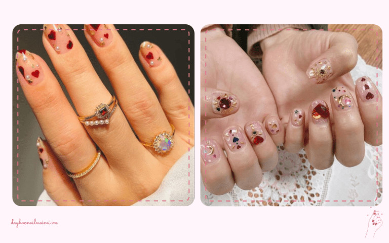 Sơn móng tay đẹp nhẹ nhàng trong suốt đính đá nhỏ trái tim đỏ