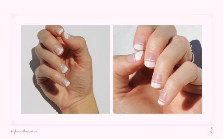 Sơn móng tay đẹp nhẹ nhàng viền trắng đầu móng lạ mắt