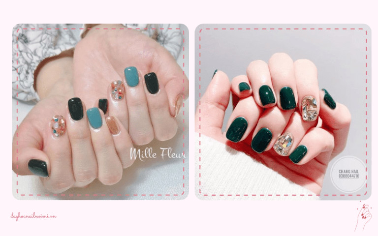Sơn móng tay đẹp nhẹ nhàng xanh rêu đính đá nhiều màu