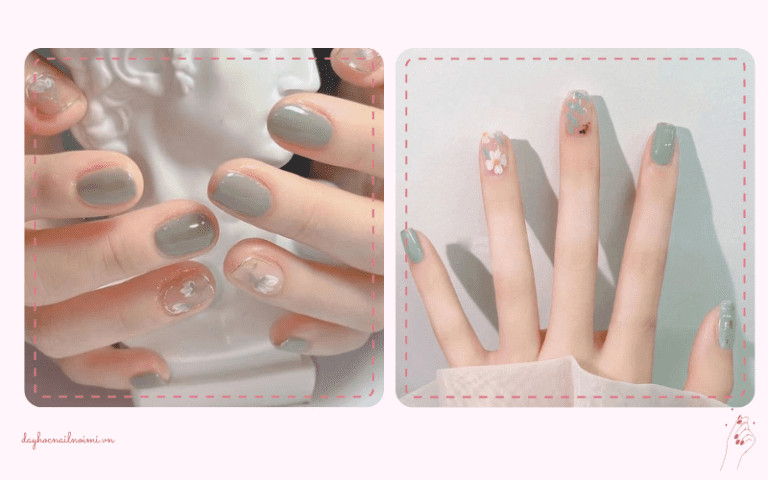 Sơn móng tay đẹp nhẹ nhàng xanh xám phối họa tiết hoa