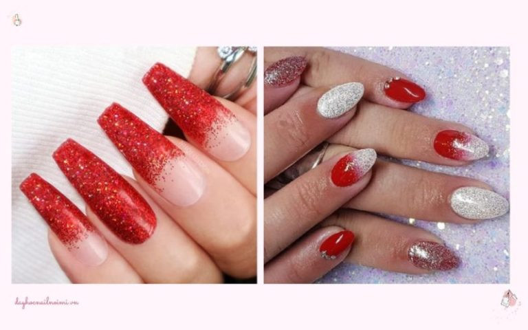 Sơn móng tay màu đỏ cherry kim tuyến lấp lánh rực rỡ