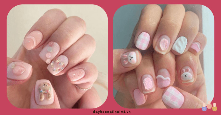 Sơn móng tay màu hồng nude nhạt với sticker hình cute, trẻ trung