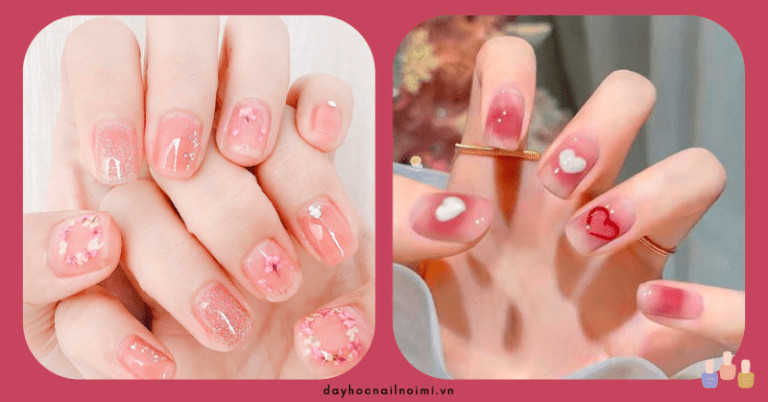 Sơn móng tay màu hồng trắng pastel kết hợp kim tuyến lấp lánh nhẹ nhàng