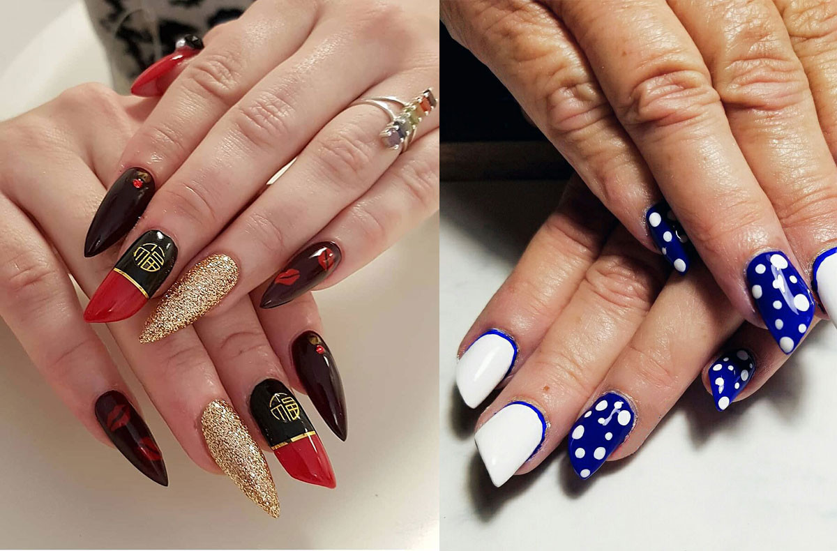 Sự độc đáo của móng tay hình thỏi son (phải) và biến tấu với phong cách Stiletto (trái)