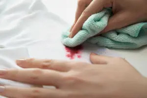 Tay người đang tẩy vết bẩn đỏ trên vải trắng bằng khăn lau màu xanh nhạt.