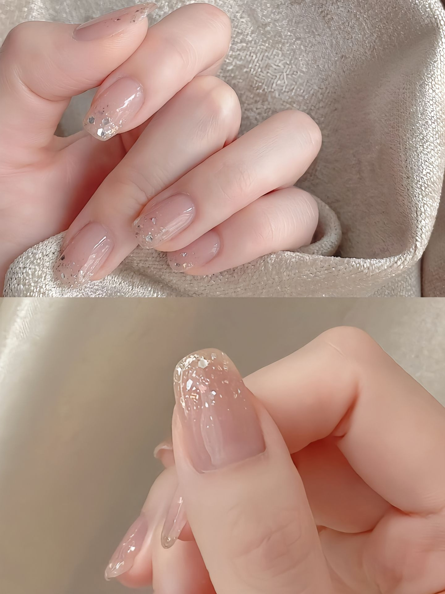 Thiết kế móng tay trong suốt ẩn xà cừ lấp lánh, phù hợp cho các sự kiện quan trọng