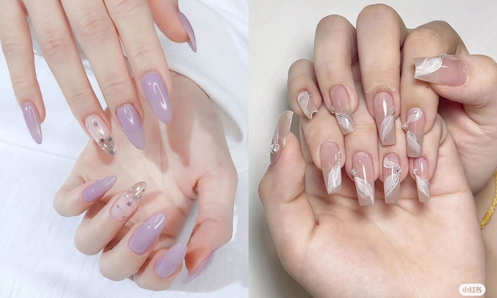 Thiết kế nail đẹp 2024 họa tiết hoa kết hợp sọc