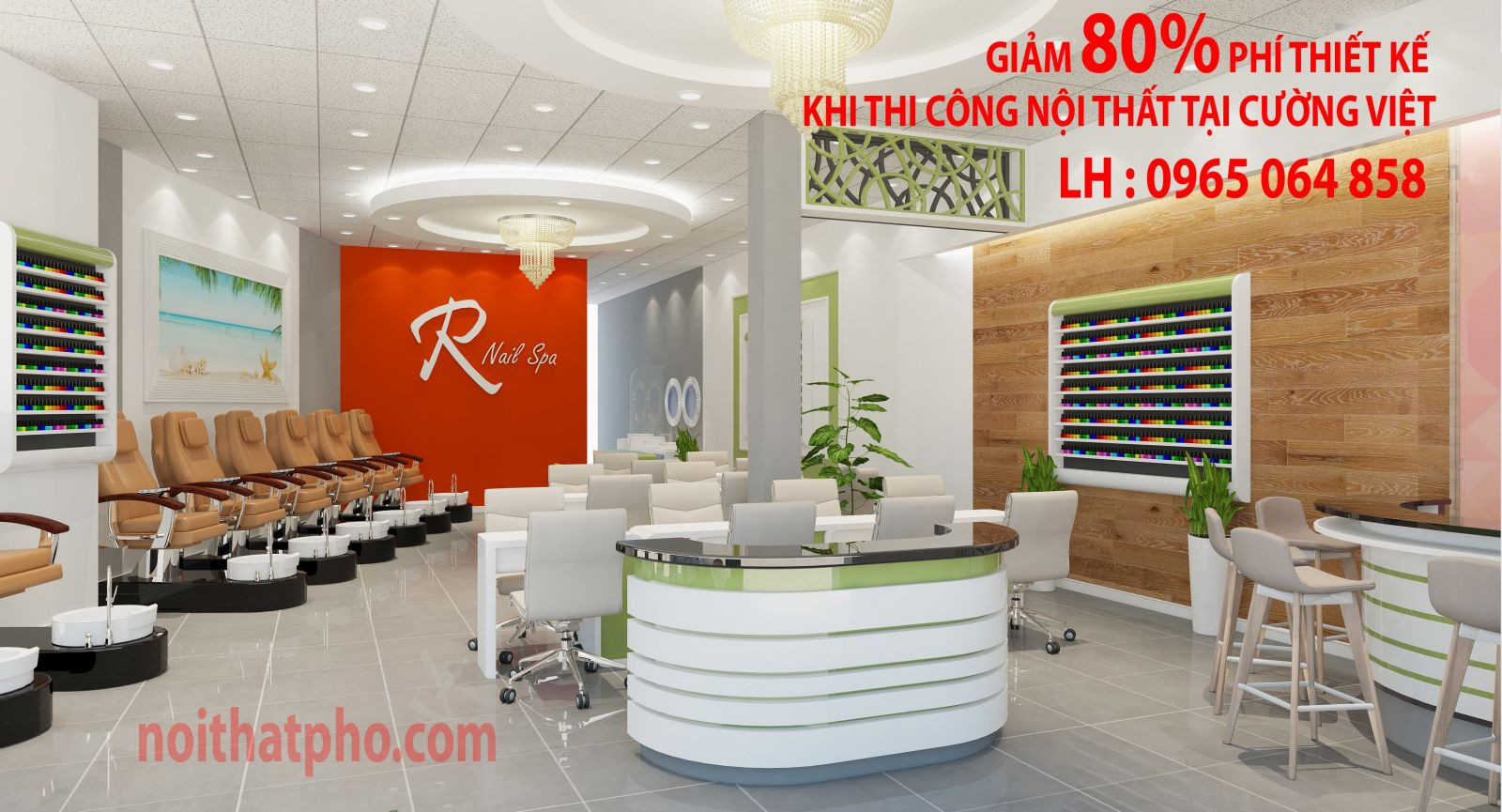 Thiết kế tiệm nail hiện đại, tối giản với bố cục linh hoạt