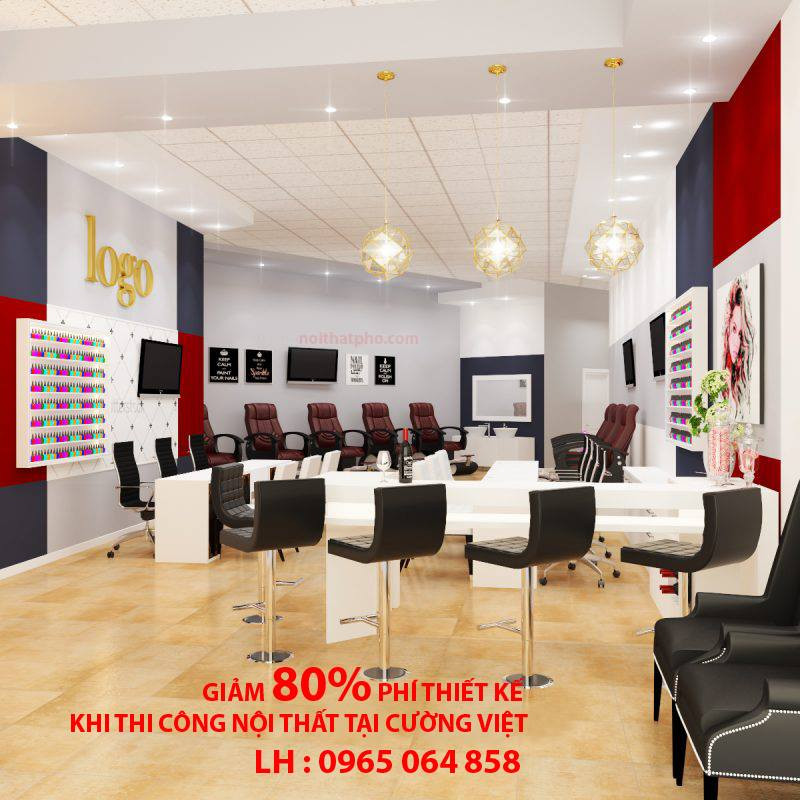 Tiệm nail hiện đại với màu sắc tươi sáng, không gian thoáng đãng